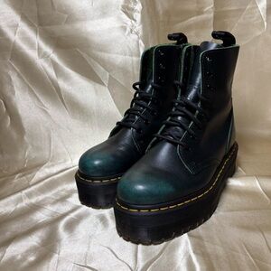 Dr. Martens Jadon black/teal leather platform boots in Vintage Green